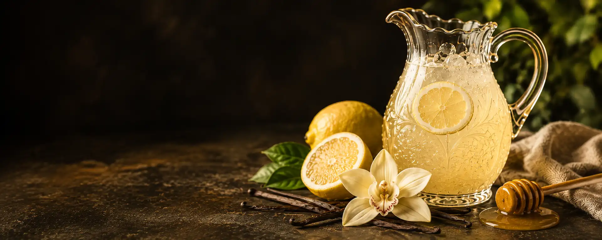 A glass of lemonade with a lemon and a flower on a table