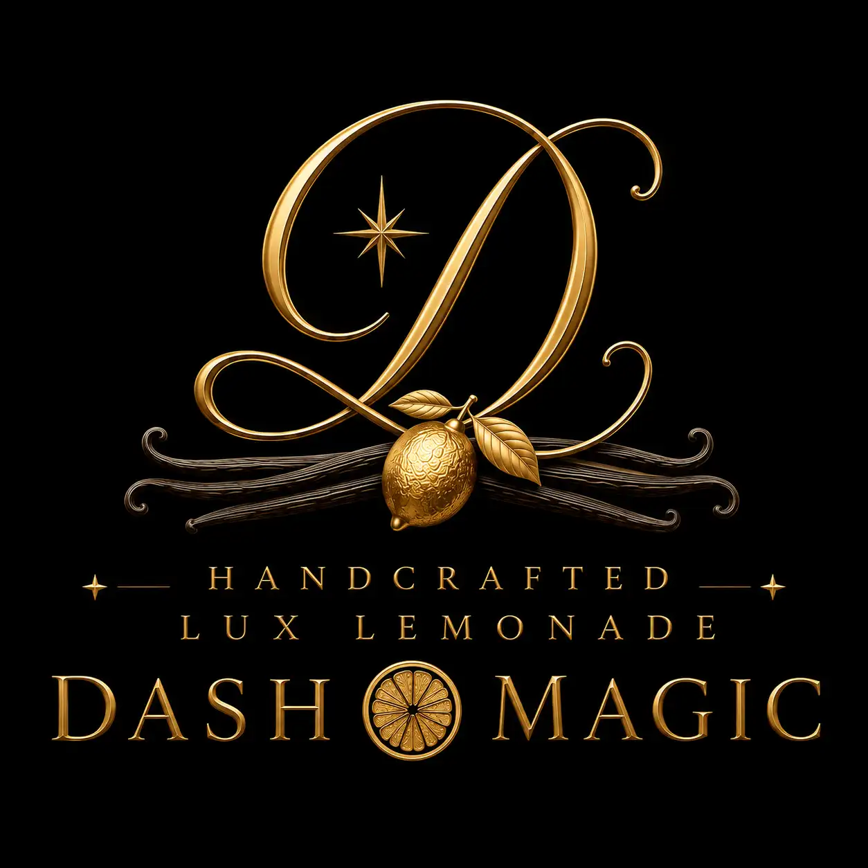 A logo for DashHam Magic Lemonade, featuring a gold letter D and a lemon.